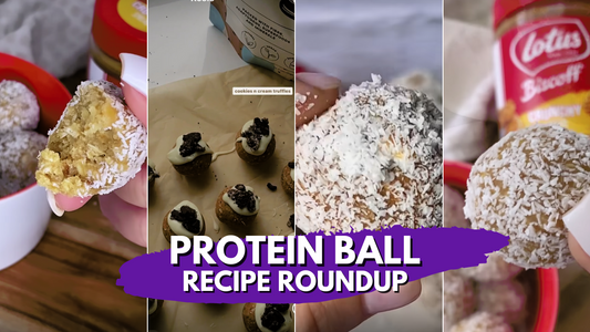 Protein Ball Recipe roundup cover photo including various protein balls in the background
