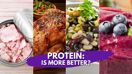 Protein Is More Better picture including tuna, chicken, beans, and a smoothie