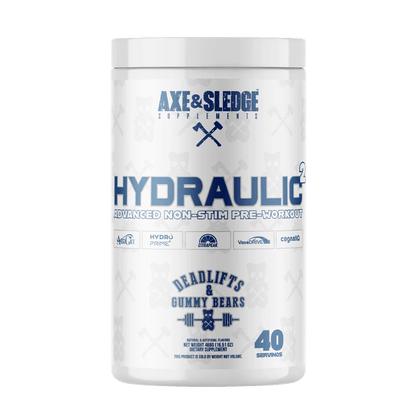 Hydraulic 2 & Hydraulic 2 Axe & Sledge Caffeine free pre workout 40 Serves Deadlifts & Gummy Bears