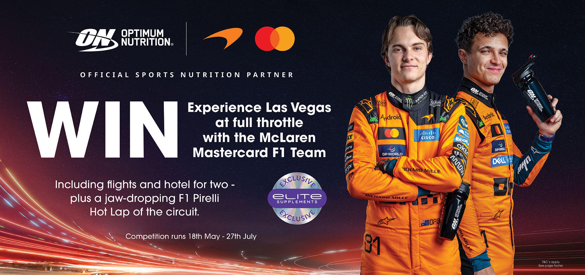 Win an unforgettable McLaren Racing weekend, courtesy of Optimum Nutrition. Available exclusively at Elite Supplements.