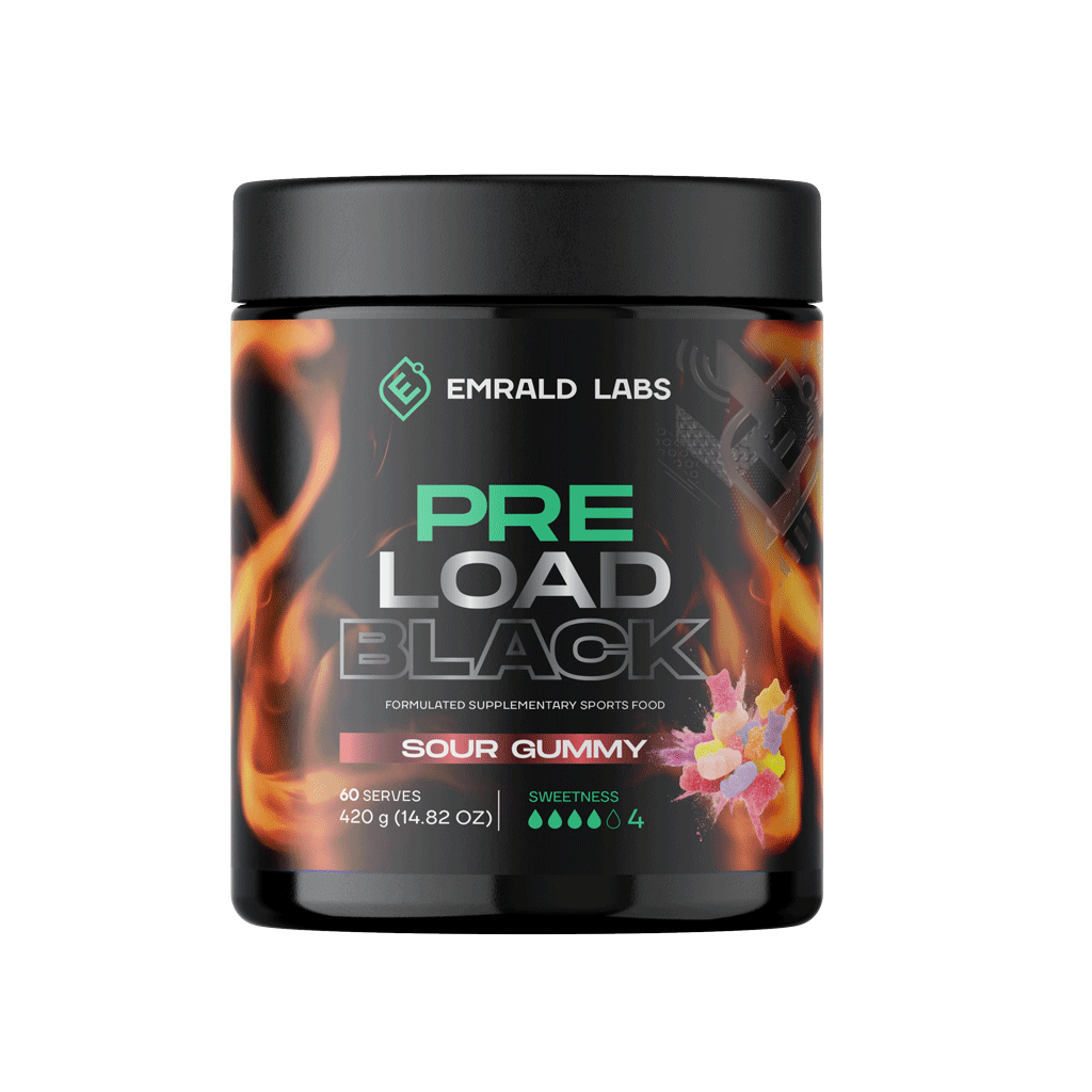 Pre Load Black & Pre Load Black Emrald Labs Low stim pre workout 60 Serves Sour Gummy