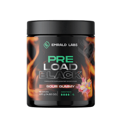 Pre Load Black & Pre Load Black Emrald Labs Low stim pre workout 60 Serves Sour Gummy