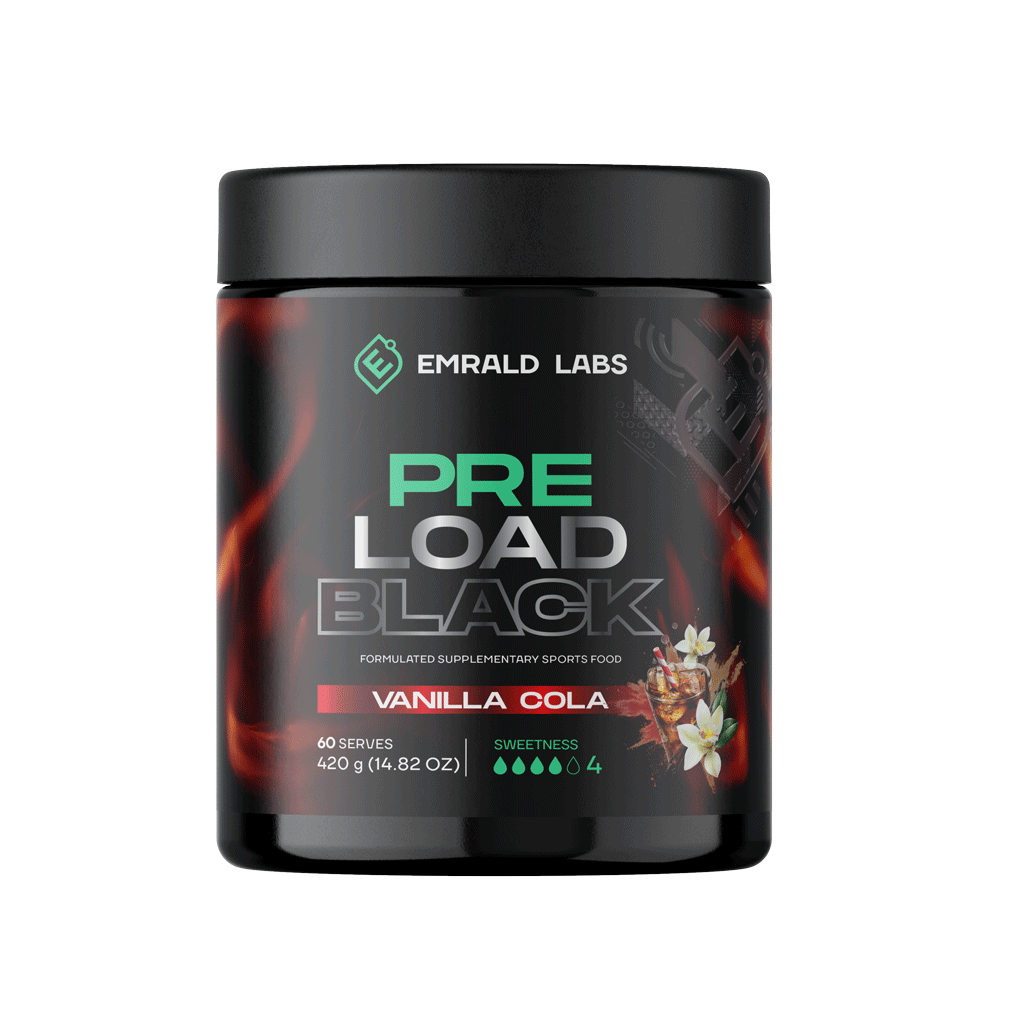 Pre Load Black (4) & Pre Load Black Emrald Labs Low stim pre workout 60 Serves Vanilla Cola