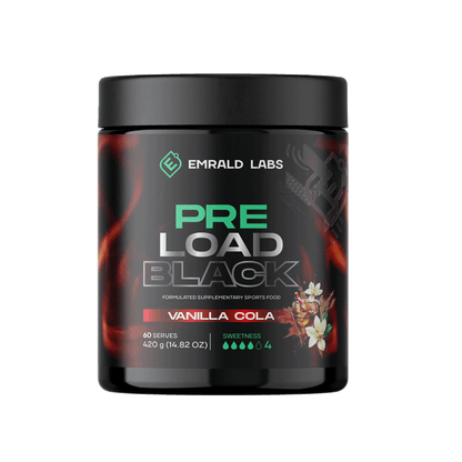 Pre Load Black (4) & Pre Load Black Emrald Labs Low stim pre workout 60 Serves Vanilla Cola