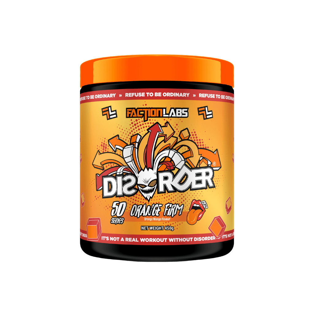 Disorder Faction Labs Medium stimulant pre workout powder 50 Serves Orange Firm