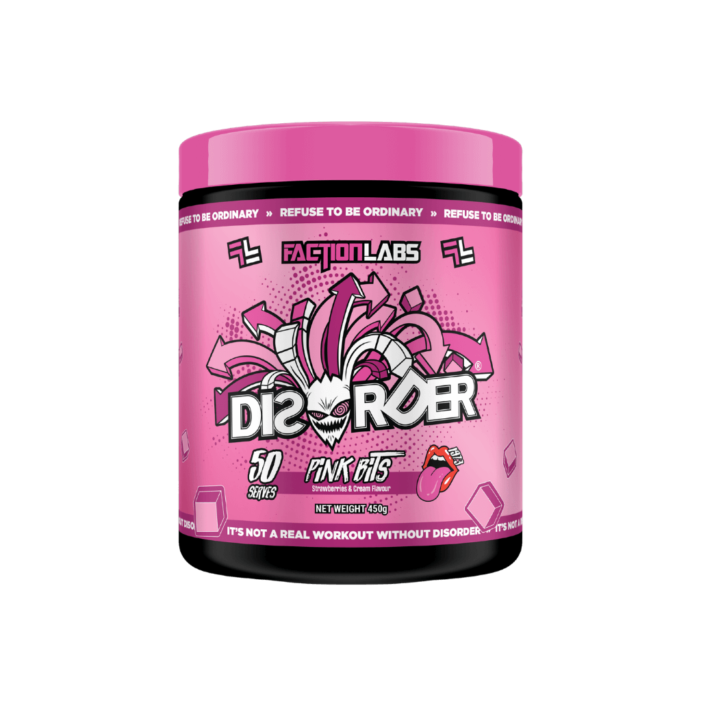 Disorder Faction Labs Medium stimulant pre workout powder 50 Serves Pink Bits