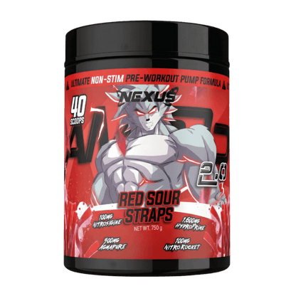 Amp3d 2.0 Nexus Caffeine free pre workout 40/20 Serves Red Sour Straps