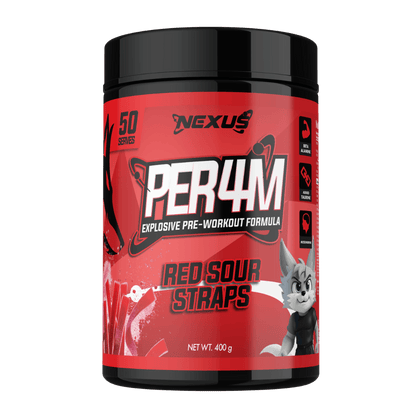 Per4m (15) & Per4m Nexus High stim pre workout 50 Serves Red Sour Straps