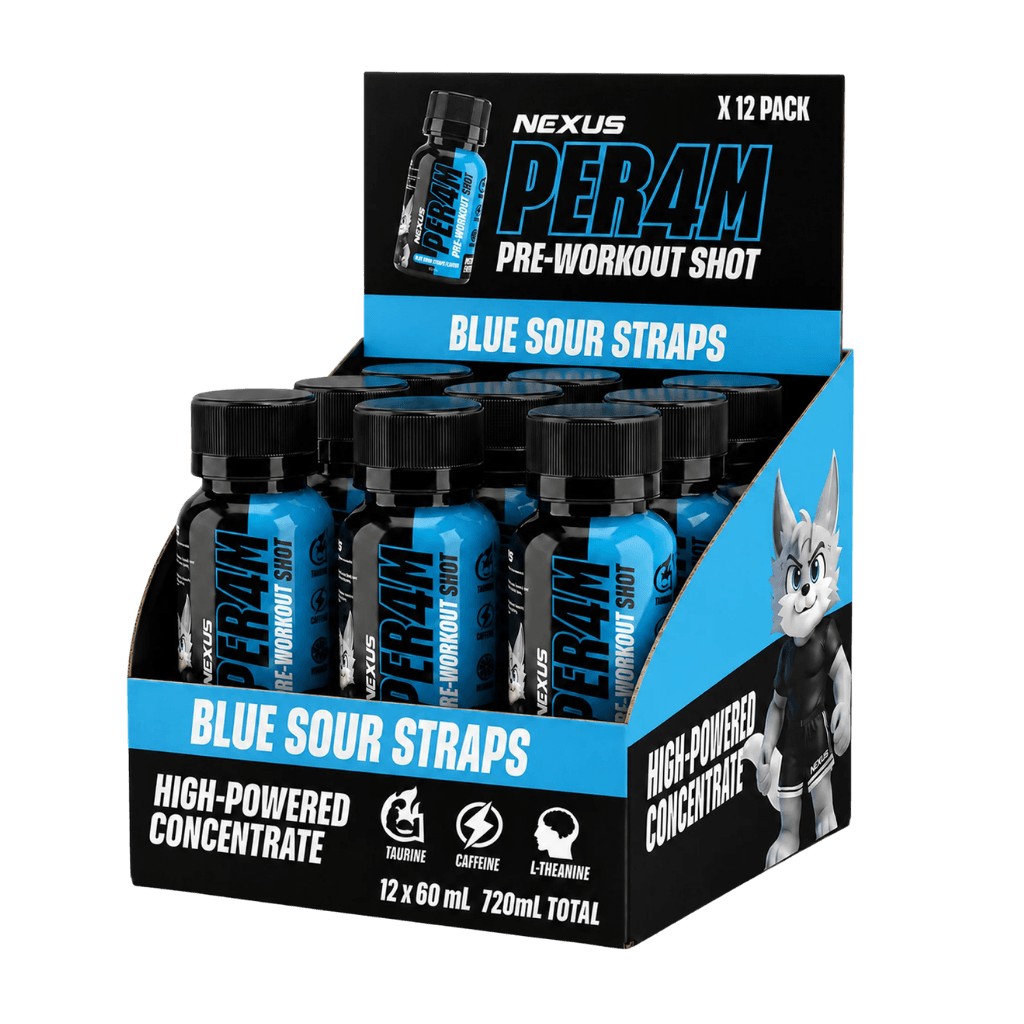 Per4m Pre-Workout Shots & Per4m Pre-Workout Shots Nexus Energy drinks Box of 12 Blue Sour Razz