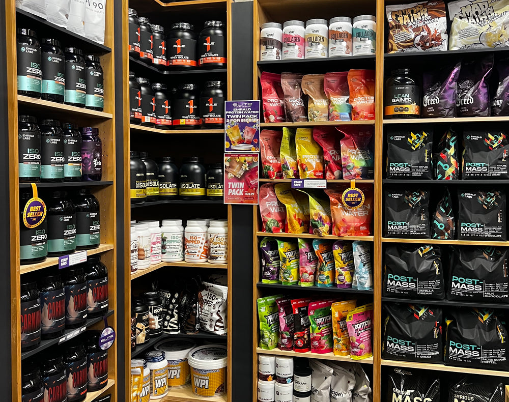 Isolates, collagen, and mass gainers section.
